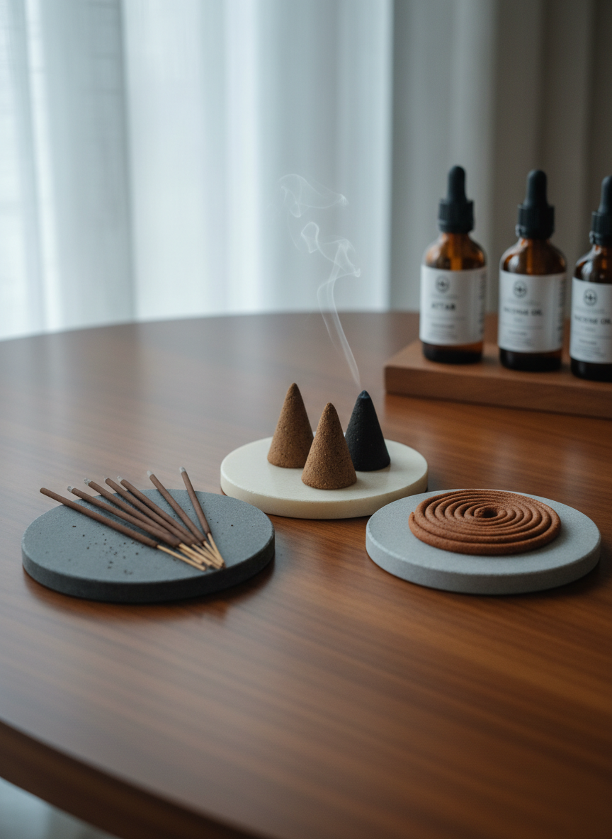 A sophisticated photographic composition of three distinct Indian incense formats displayed for comparison: a fan of slender agarbatti sticks, a trio of cone incenses, and a compact roll of dhoop, each meticulously arranged on separate circular stone coasters in charcoal, ivory, and soft gray. The coasters rest on a smooth, deep brown wooden table with subtle grain. Behind them, blurred yet recognizable, stands a row of minimalist amber glass bottles labeled as attar and incense oils. Cool, diffused daylight filters through sheer curtains, creating soft, even lighting with gentle reflections on the glass. Captured at a slightly elevated three-quarter angle with crisp focus and a balanced composition using the rule of thirds, the mood is analytical yet serene, perfect for a comparison or buying guide article on an incense review site.