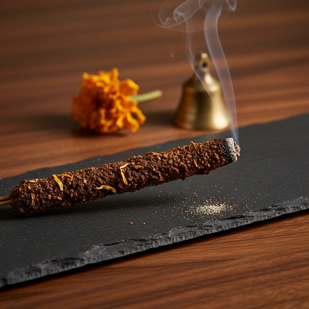 A closeup photographic scene of a rare Indian masala agarbatti, its thick, textured coating of resins and powdered herbs clearly visible along the bamboo stick. The incense is angled diagonally across a smooth slate tray, with a faint line of ash forming at the tip and a thin ribbon of smoke spiraling upward. The tray rests on a warm walnut tabletop with a single dried marigold and a tiny brass bell in soft focus behind it. Warm, directional side lighting from a nearby lamp casts refined highlights and long, delicate shadows, emphasizing texture and depth. Captured with a macro lens and shallow depth of field, the mood is refined, intimate, and scholarly—perfect for illustrating a detailed incense review.