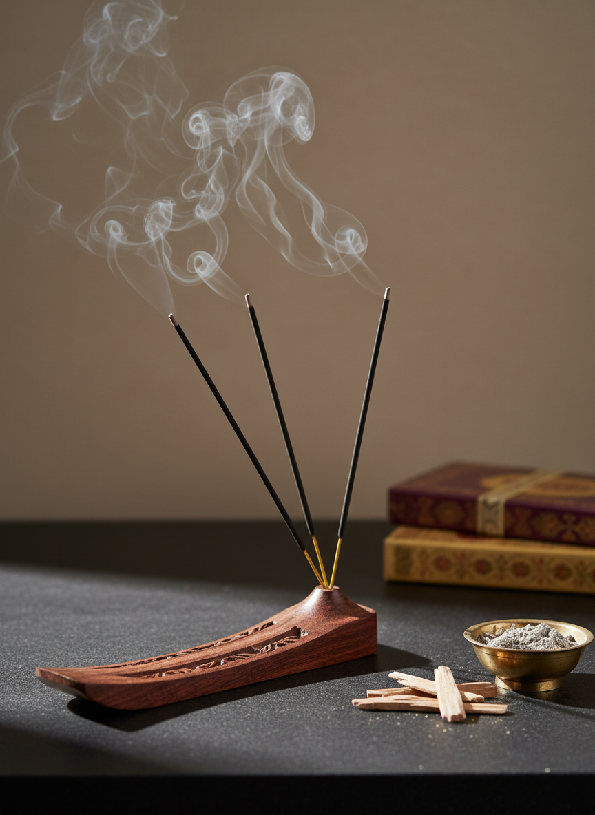 An elegant arrangement of Indian agarbatti incense sticks resting in a carved dark rosewood holder, delicate trails of smoke curling upward in intricate patterns. The holder sits on a low, matte black stone surface, with a few sandalwood chips and a small brass bowl of ash nearby. Soft, diffused afternoon light enters from the left, creating gentle highlights on the polished wood and subtle shadows under the incense. The background is softly blurred, revealing only hints of stacked incense boxes and a muted beige wall. Photographed at eye level with a shallow depth of field, the image feels sophisticated, calm, and contemplative, in a clean photographic realism style that suits an upscale incense review blog header.
