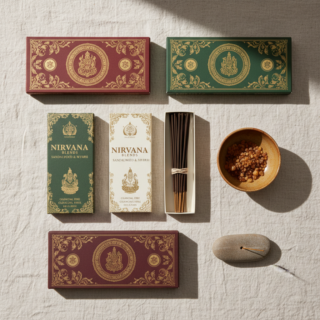 An overhead photographic view of a curated incense reviewer’s flatlay: several Indian incense boxes with ornate typography and traditional motifs arranged in a neat grid on a cream linen cloth. An open box reveals a bundle of charcoal-free sticks tied with a thin cotton thread, alongside a small ceramic bowl filled with mixed resins and a minimalist stone incense stand. Soft natural window light from the top of the frame creates even, diffused illumination with gentle shadows defining the objects. Colors are rich yet understated—deep maroons, forest greens, and muted golds. The composition follows a clean, modern aesthetic with precise spacing and sharp focus throughout, conveying a sophisticated, editorial mood ideal for a blog comparing various incense brands.