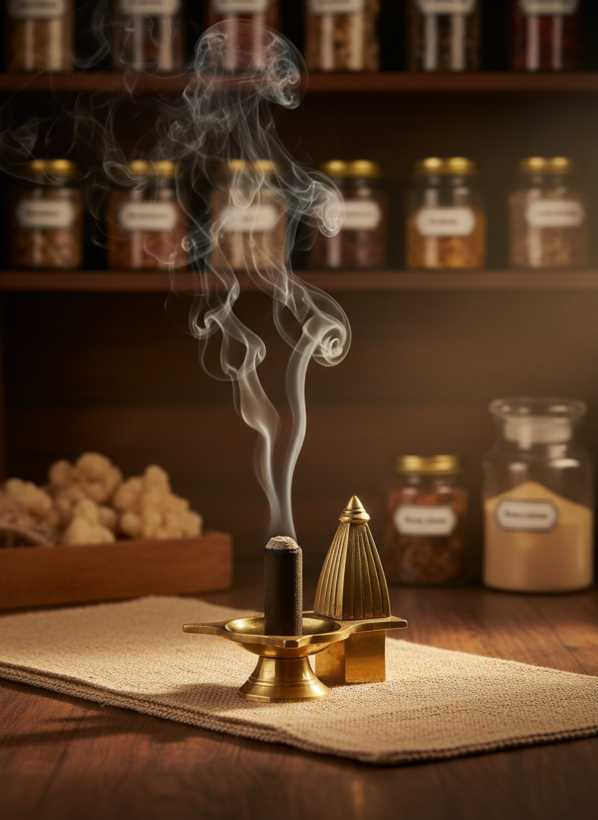 A refined photographic still life featuring a brass dhoop incense holder shaped like a small temple, with a smoldering cylinder of Indian dhoop placed at its center. Thick, velvety smoke billows upward, curling around a background of blurred antique wooden shelves lined with labeled glass jars of incense ingredients: frankincense tears, benzoin resin, sandalwood powder. The holder rests on a handwoven beige cotton runner over a dark teak surface. Golden hour light streams from the right, catching the metallic edges of the brass and creating a soft halo in the smoke. Shot from a slightly low angle with moderate depth of field, the atmosphere is luxurious, nostalgic, and quietly reverent, evoking the feeling of discovering a hidden incense apothecary.