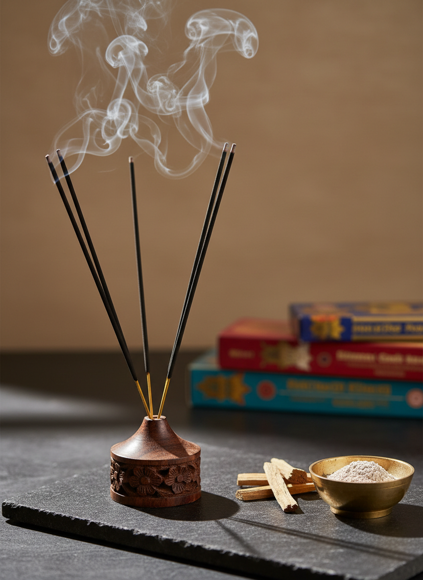 An elegant arrangement of Indian agarbatti incense sticks resting in a carved dark rosewood holder, delicate trails of smoke curling upward in intricate patterns. The holder sits on a low, matte black stone surface, with a few sandalwood chips and a small brass bowl of ash nearby. Soft, diffused afternoon light enters from the left, creating gentle highlights on the polished wood and subtle shadows under the incense. The background is softly blurred, revealing only hints of stacked incense boxes and a muted beige wall. Photographed at eye level with a shallow depth of field, the image feels sophisticated, calm, and contemplative, in a clean photographic realism style that suits an upscale incense review blog header.
